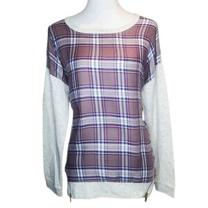 Oddi Heathered Grey & Check With Zip Detail Top
